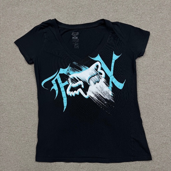 Vintage Y2K Fox Racing Women's Size M Black V Neck Short Sleeve Stretch - Picture 1 of 7